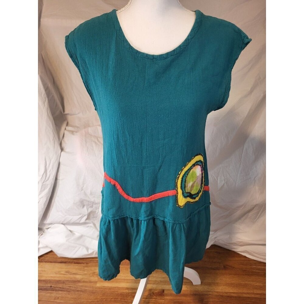 Vtge Lagenlook Art To Wear Cotton Ways Green Boxy‎ Tunic Dress